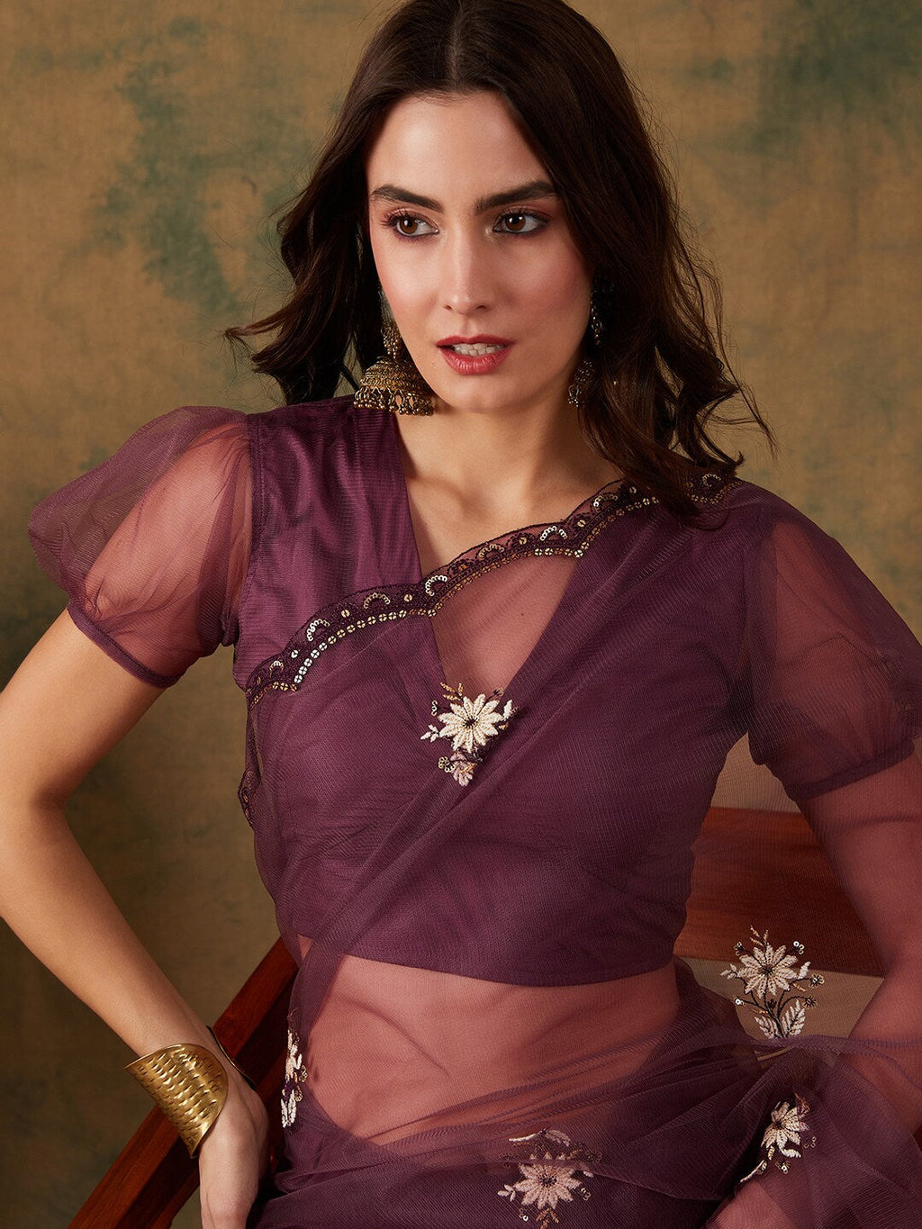 Sangria Purple Floral Embroidered Beads and Stones Embellished Net Saree | Grocsy