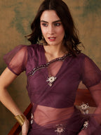 Sangria Purple Floral Embroidered Beads and Stones Embellished Net Saree | Grocsy
