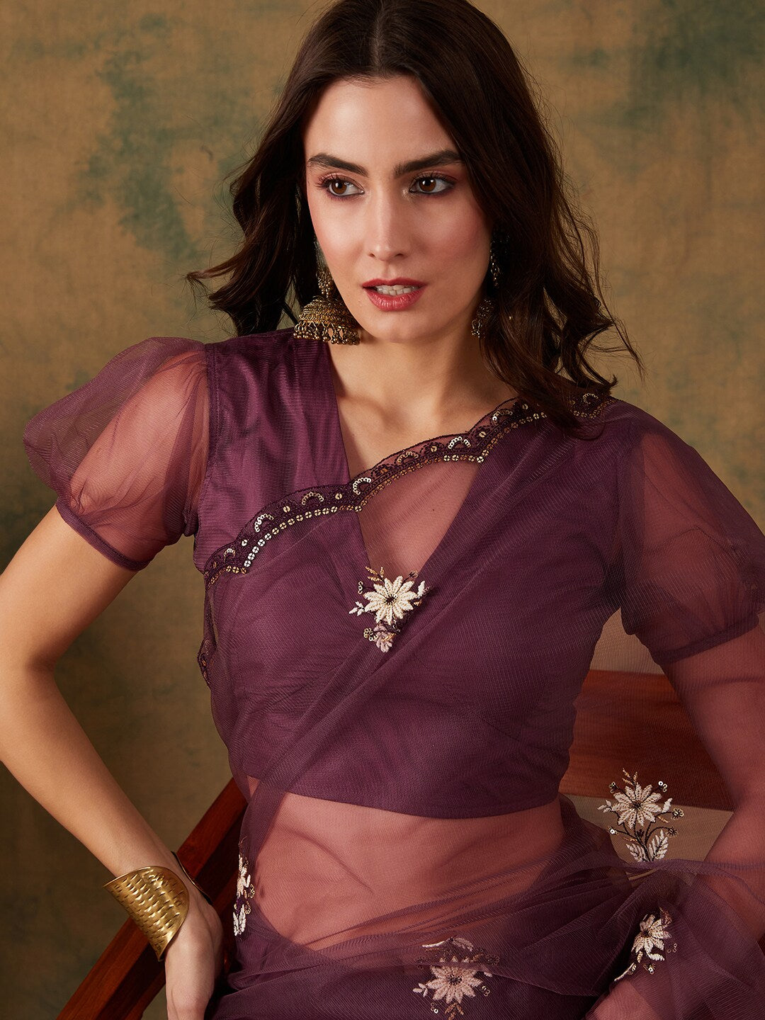 Sangria Purple Floral Embroidered Beads and Stones Embellished Net Saree | Grocsy