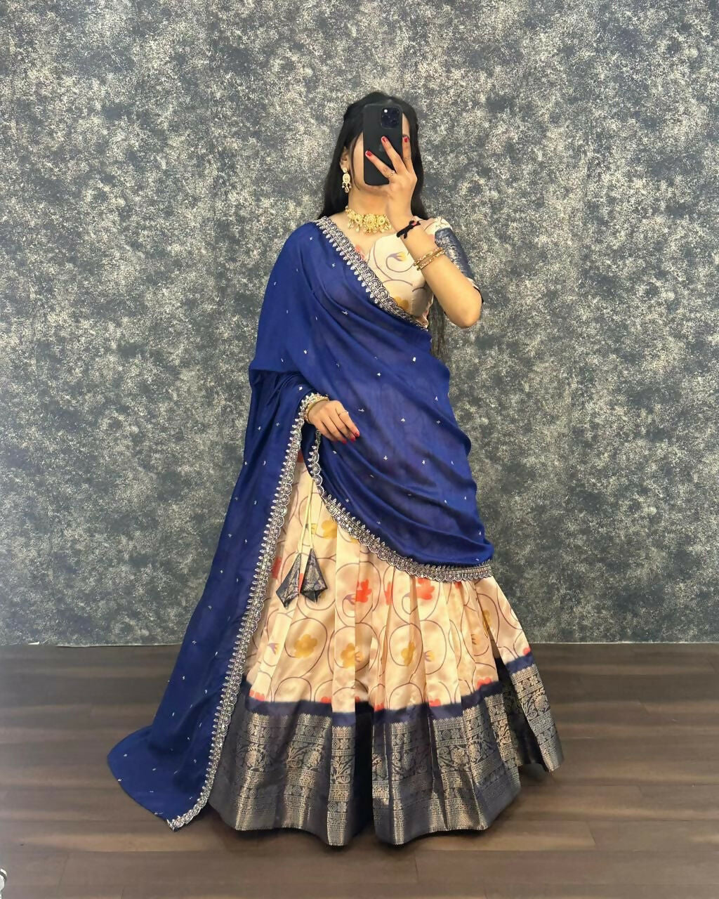 Teeya Creation Womens New Trendy Designer Blue Floral Lehenga Choli Set with Contrast Border and Dupatta Set | Grocsy