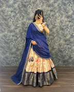 Teeya Creation Womens New Trendy Designer Blue Floral Lehenga Choli Set with Contrast Border and Dupatta Set | Grocsy