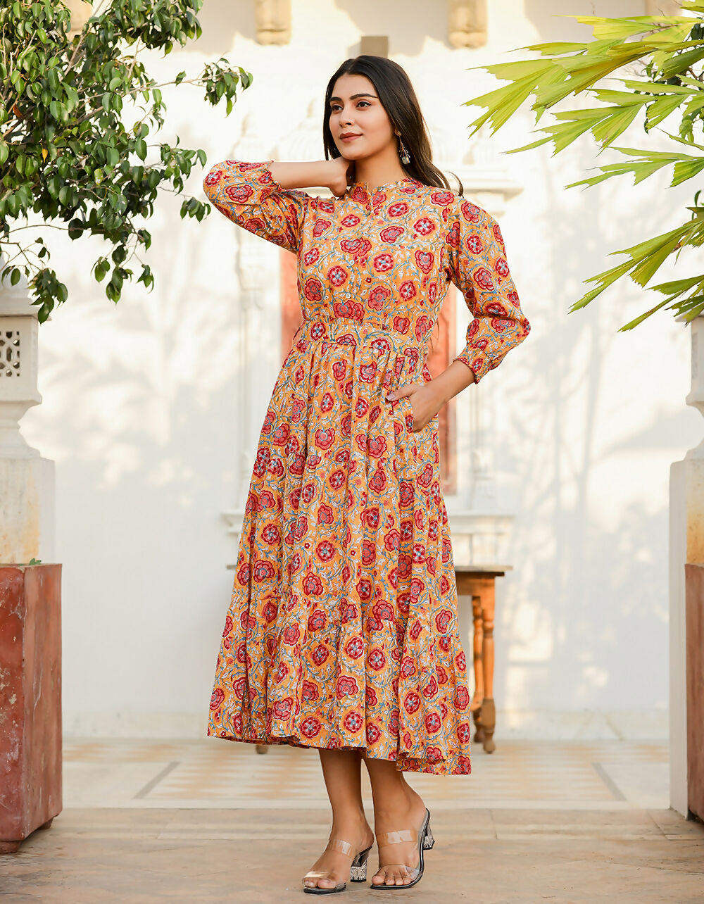 Kaajh Women's Yellow-Red Floral Hand Block Print Cotton Dress | Grocsy