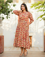 Kaajh Women's Yellow-Red Floral Hand Block Print Cotton Dress | Grocsy