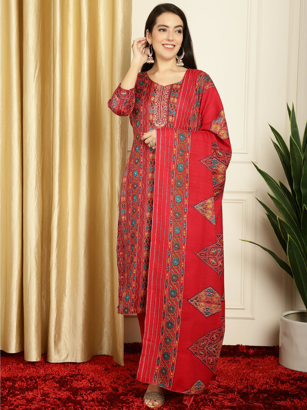 Jyoti Fashion Women's Red Pashmina Floral Digital Printed Kurta with Trouser & Dupatta | Grocsy
