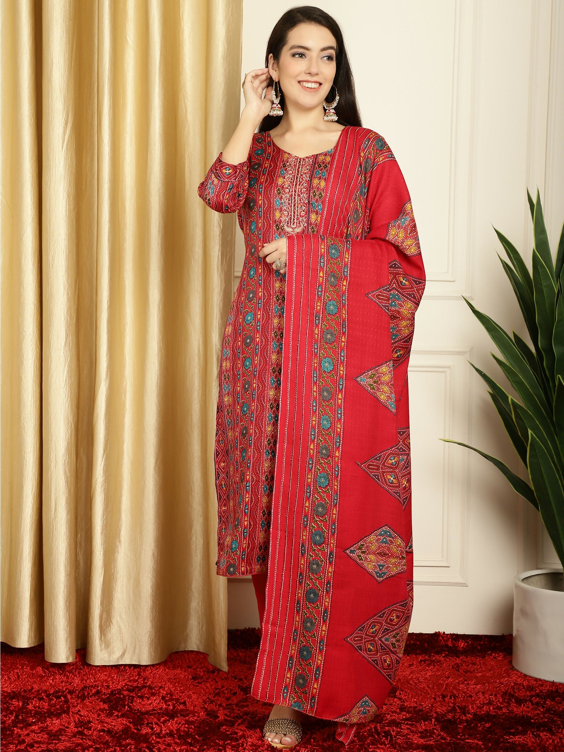 Jyoti Fashion Women's Red Pashmina Floral Digital Printed Kurta with Trouser & Dupatta | Grocsy