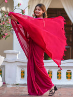 Zibaa Hand-Dyed Mul Cotton Pink Saree with Tassels | Grocsy