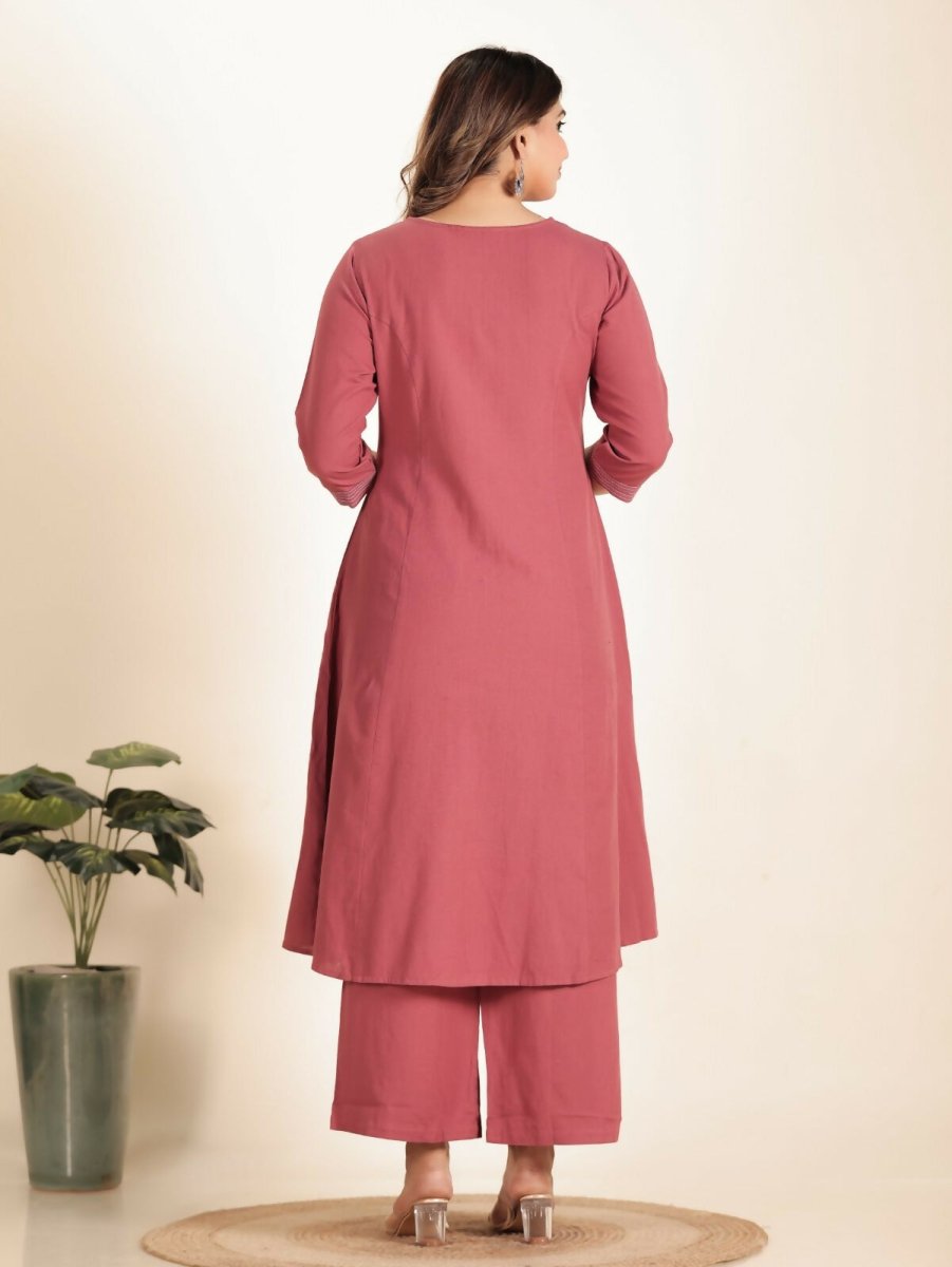 Aramya Pink Linen Cotton Solid Print A-line Kurta Set for Women | Grocsy