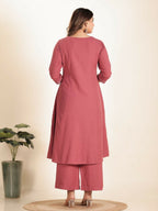 Aramya Pink Linen Cotton Solid Print A-line Kurta Set for Women | Grocsy