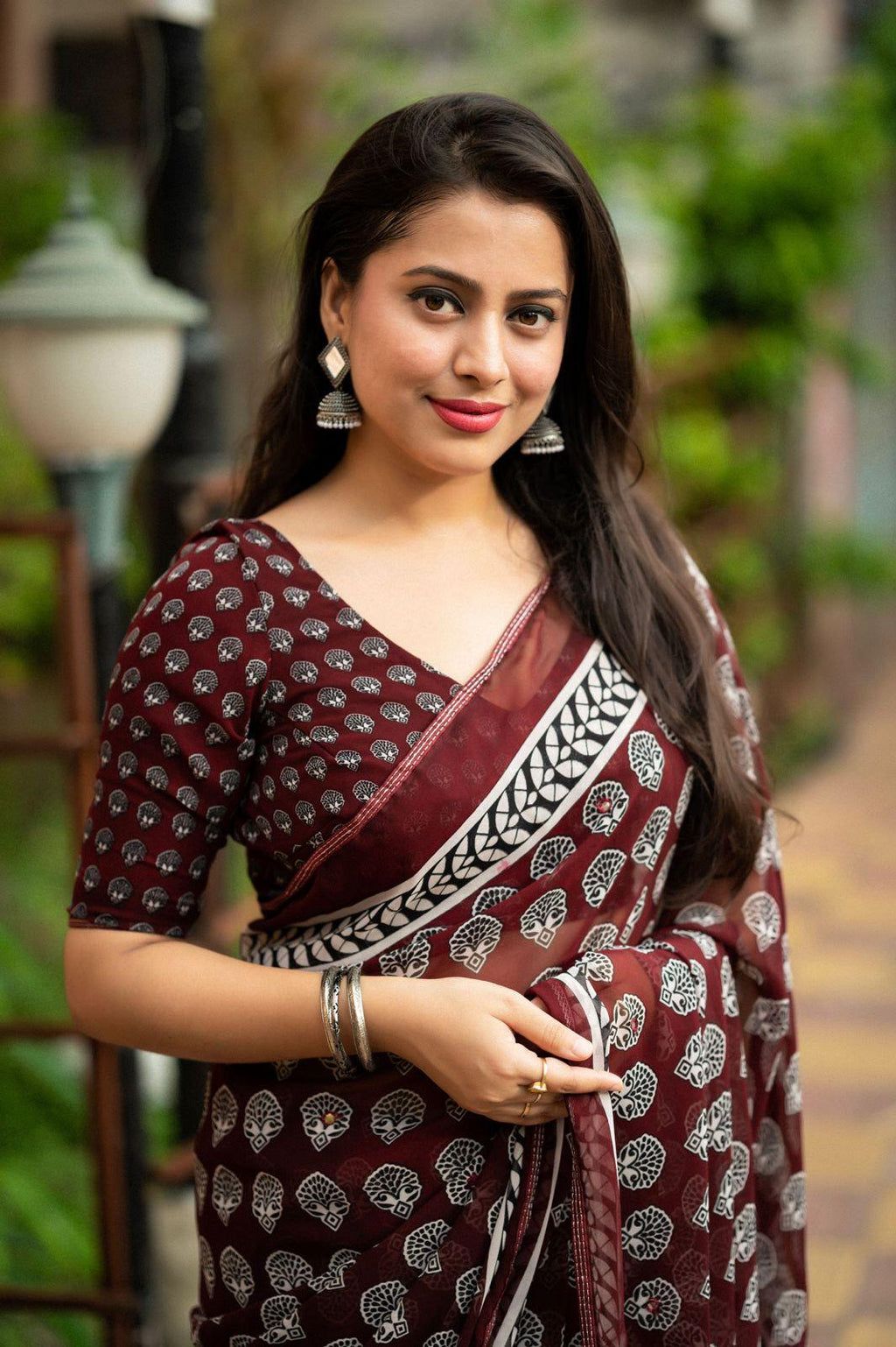 Maroon Poly Georgette Ajrak Saree with Unstitched Blouse - A2M | Grocsy