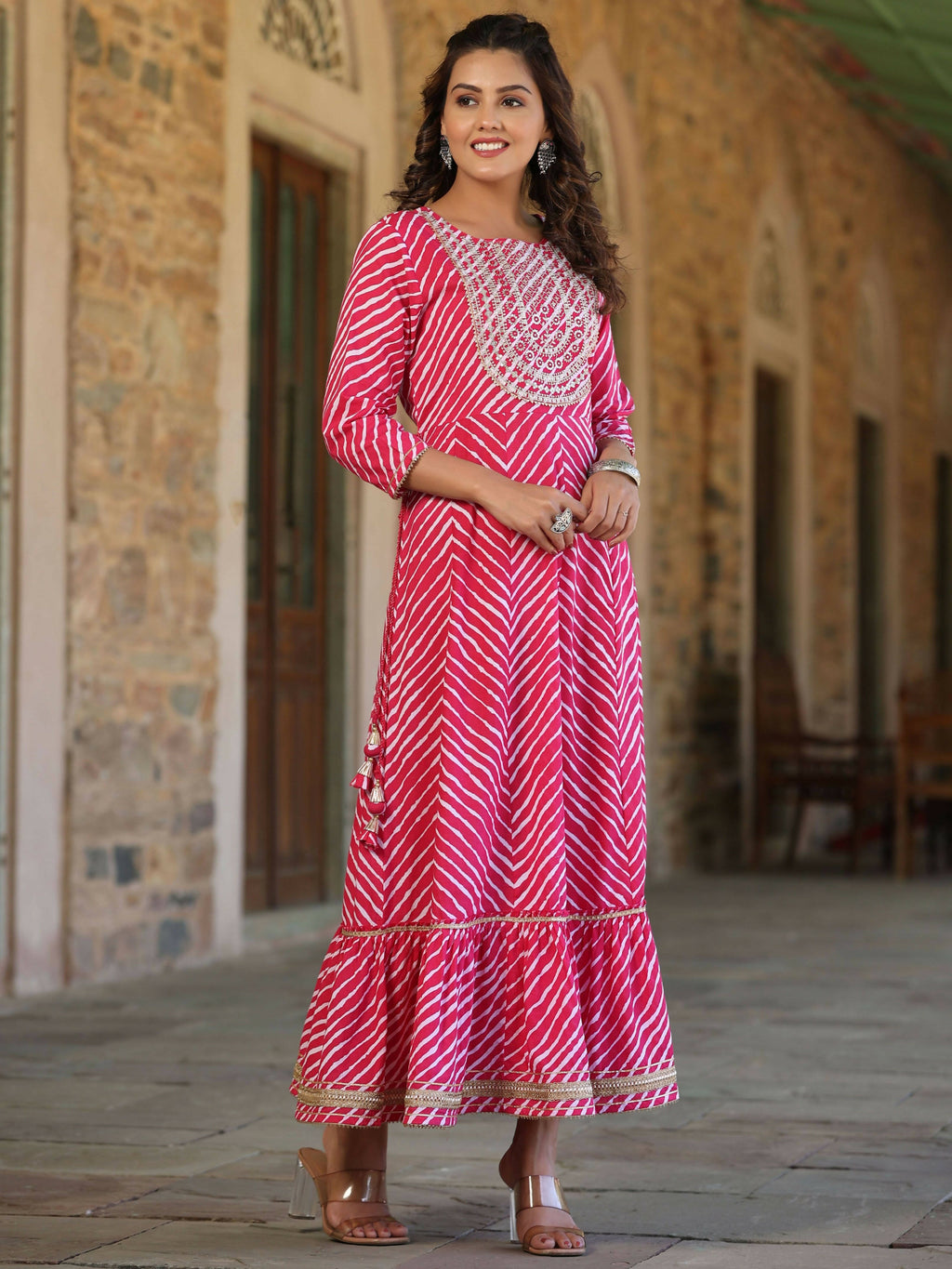 Juniper Women's Fuschia Printed Embroidered Mirror Work Sequin Cotton Flared Dress | Grocsy