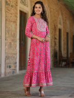Juniper Women's Fuschia Printed Embroidered Mirror Work Sequin Cotton Flared Dress | Grocsy