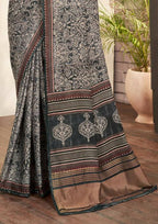 Grey Gajji Silk Paisley Print with Hand work Border Saree - Norita Nirvi | Grocsy