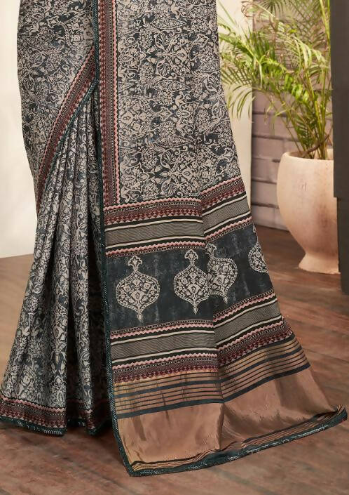 Grey Gajji Silk Paisley Print with Hand work Border Saree - Norita Nirvi | Grocsy