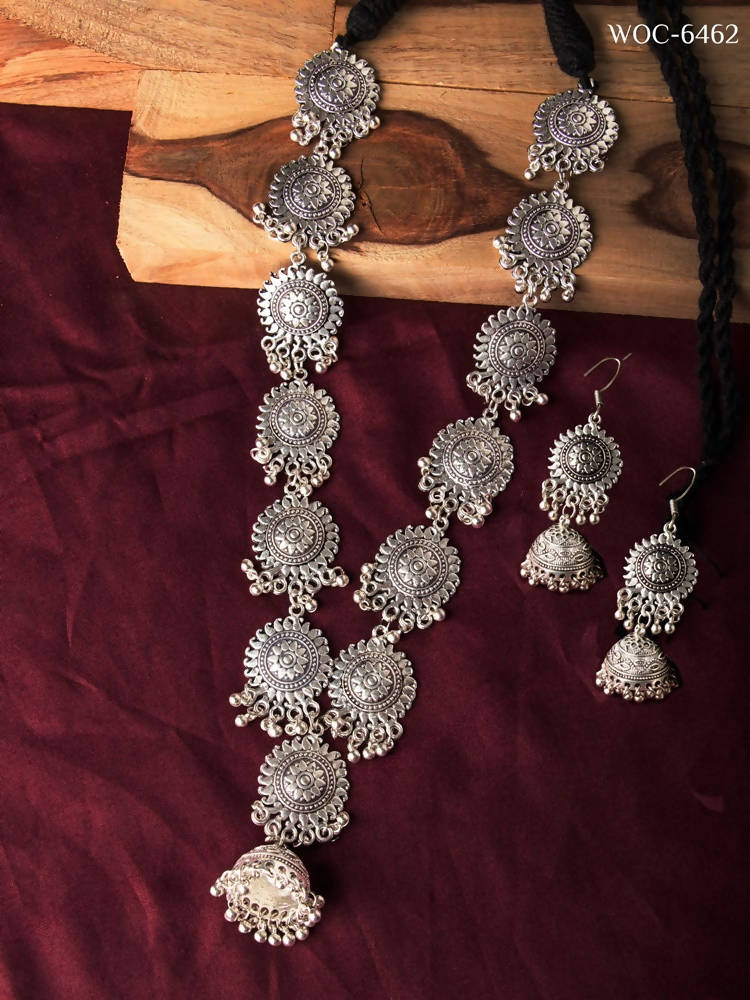 Mominos Fashion Johar Kamal Oxidised Silver Long Necklace Set | Grocsy