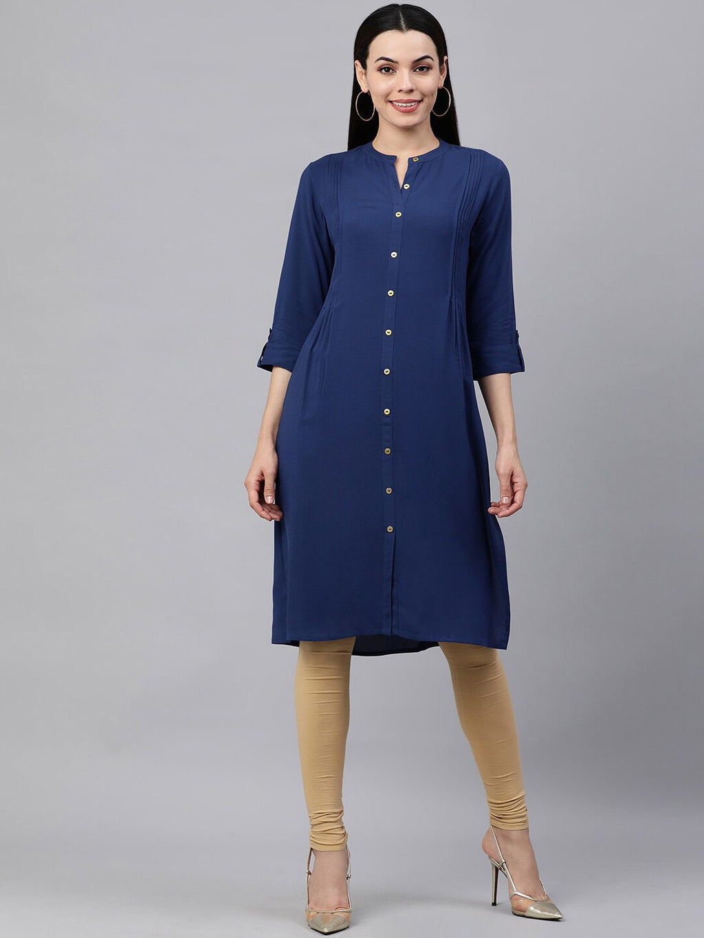 HERE&NOW Band Collar Roll UP Sleeves Knee Length Kurta | Grocsy