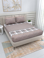 DREAM WEAVERZ Beige Checked 220 TC Glazed Cotton Bedsheet with Pillow Covers | Grocsy