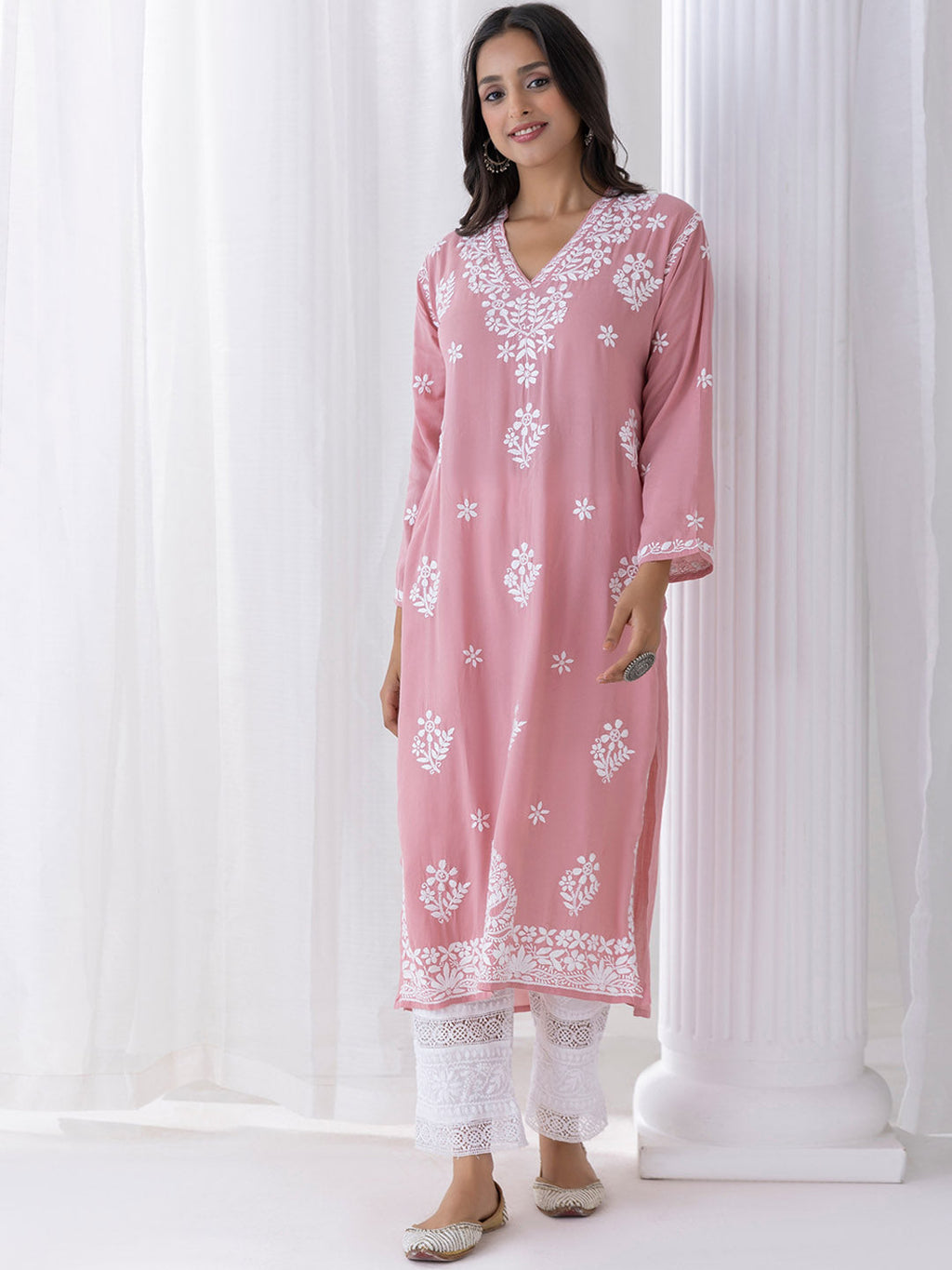 HOUSE OF KARI Floral Embroidered Fizaa Chikankari Pure Cotton Straight Kurta | Grocsy