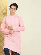 House of Pataudi Men Chikankari Yoke Design Pastels Pure Cotton Rozana Kurta | Grocsy