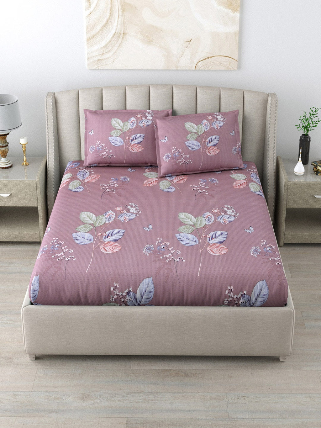 DREAM WEAVERZ 220 TC Pink & Blue Floral Glazed Cotton King Bedsheet with 2 Pillow Covers | Grocsy
