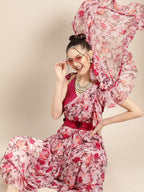 Tikhi Imli Pretty Pink Printed Poly Georgette Saree | Grocsy