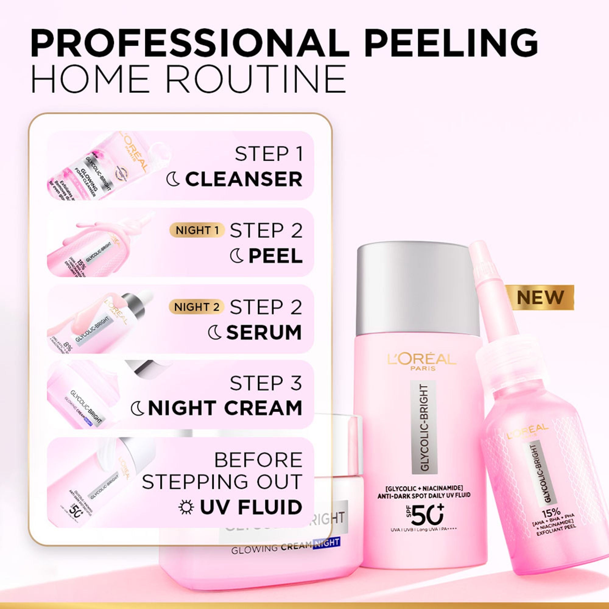 L'Oreal Paris Glycolic-Bright Anti Dark Spot Exfoliant Peel 15% Aha + Bha + Pha + Niacinamide | Grocsy