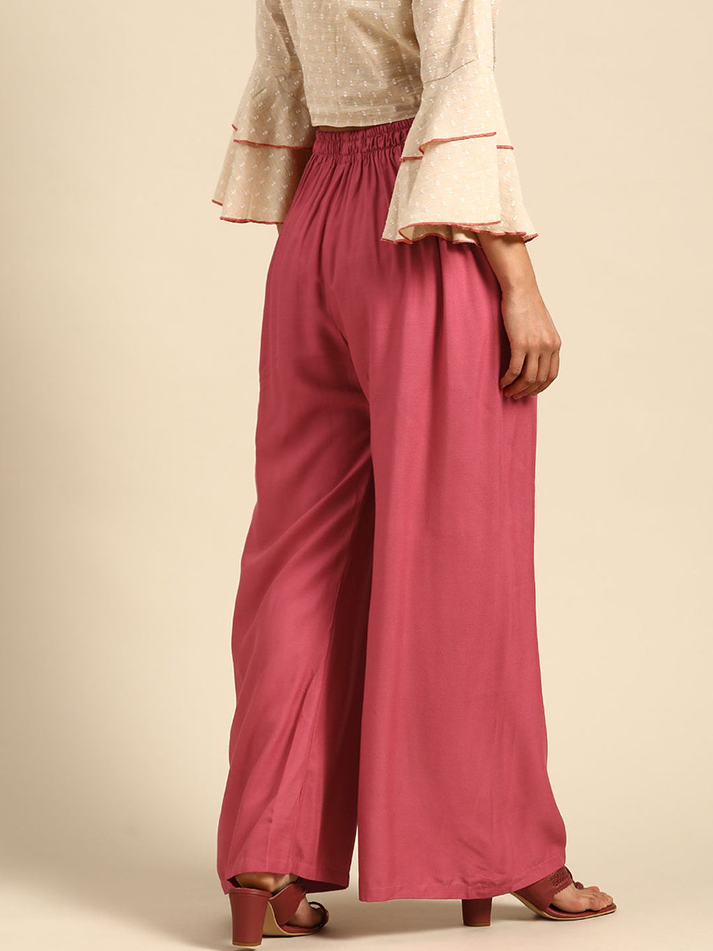 TAG 7 Women Pink Solid Wide Leg Palazzos | Grocsy