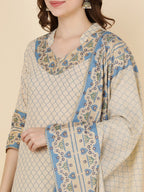 HERE&NOW Women Beige Floral Printed Pure Cotton Kurta with Trousers & With Dupatta | Grocsy