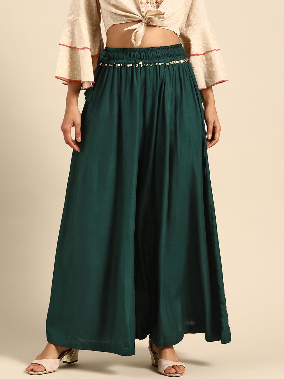 TAG 7 Women Green Solid Flared Palazzos | Grocsy