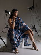 Tikhi Imli Blue Floral Printed Satin Ruffles Saree | Grocsy