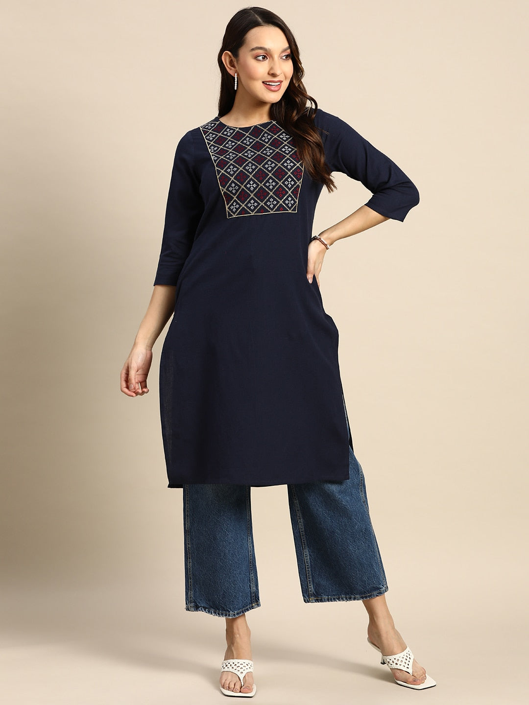 Sangria Women Geometric Yoke Design Kurta | Grocsy