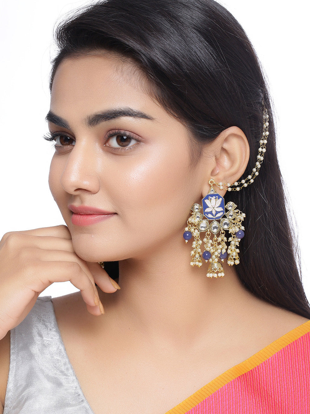 Shoshaa Women Gold-Polished Blue Contemporary Drop Earrings | Grocsy