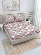 DREAM WEAVERZ Silver & Pink Pure Cotton Floral Queen Bedsheet with 2 Pillow Covers | Grocsy