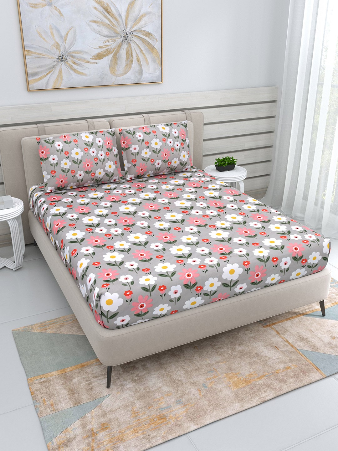 DREAM WEAVERZ Silver & Pink Pure Cotton Floral Queen Bedsheet with 2 Pillow Covers | Grocsy