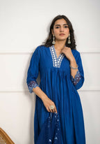Festive Wear Ethnic Blue Silk wih cotton inner Stitched Suit With Dupatta - Tanisha | Grocsy