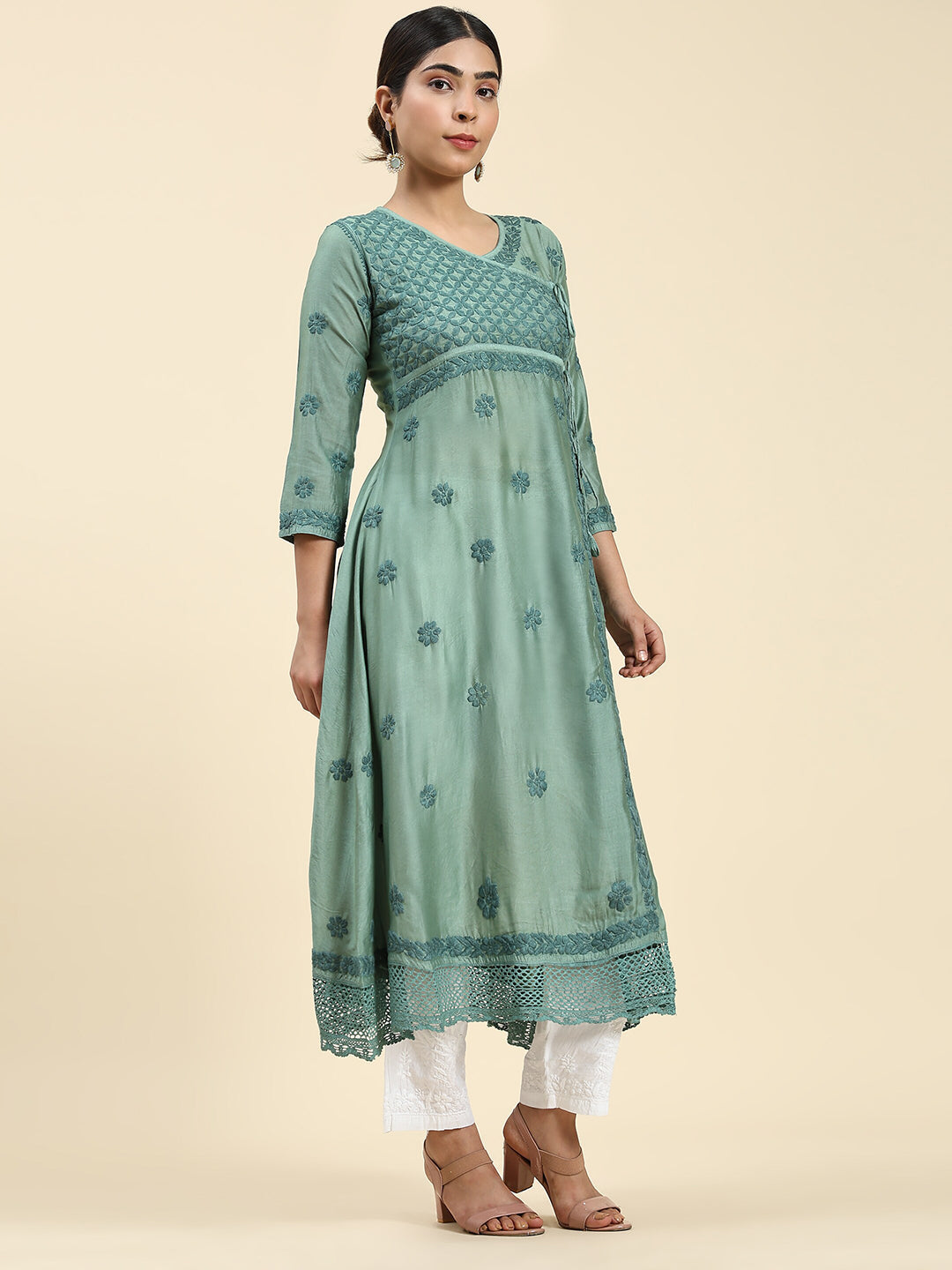 HOUSE OF KARI Embroidered Chikankari Chanderi Silk Anarkali Kurta | Grocsy