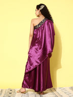 InWeave Women's Wine Navy Brocade Satin Oneshoulder Kurta Set | Grocsy