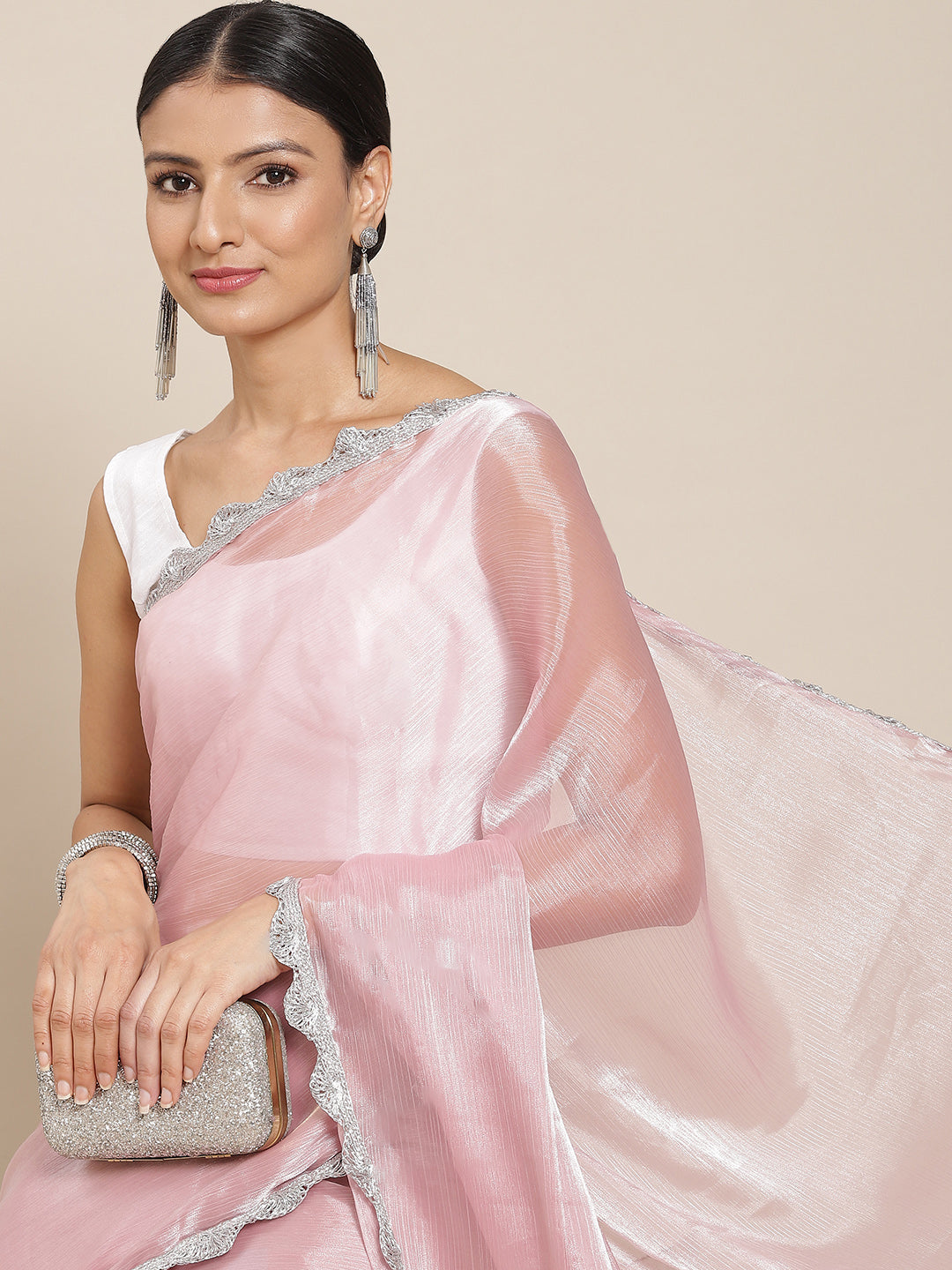 Tikhi Imli Pink Solid Embellished Border Saree | Grocsy