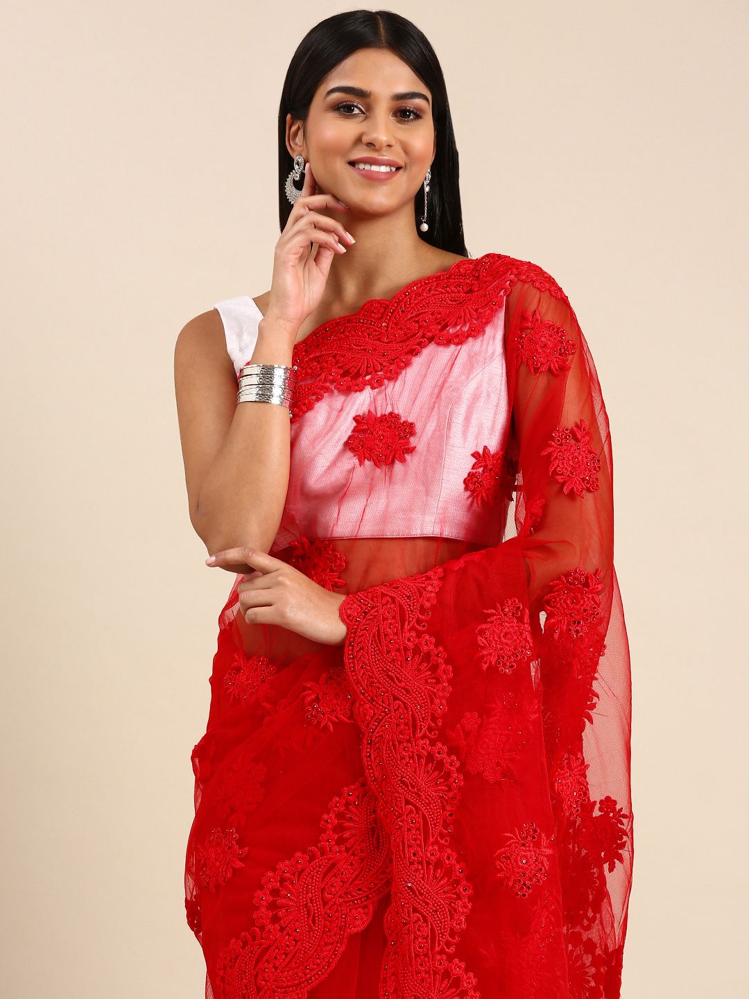 kasee Ethnic Motifs Embroidered Net Saree | Grocsy