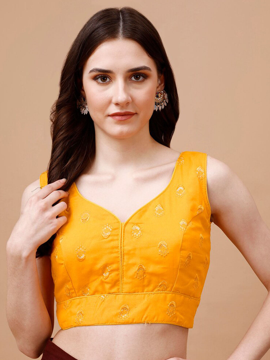 Tikhi Imli Ethnic Motifs Embroidered Sequinned Sleeveless Dupion Saree Blouse | Grocsy