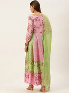 HERE&NOW Women Green & Pink Floral Printed Anarkali Cotton Kurta With Dupatta | Grocsy