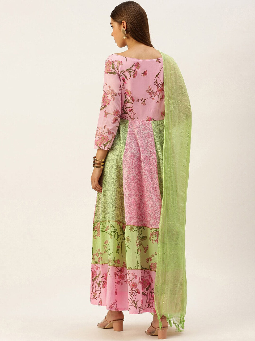 HERE&NOW Women Green & Pink Floral Printed Anarkali Cotton Kurta With Dupatta | Grocsy