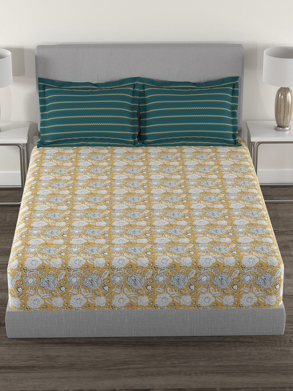 MYTRIDENT Mustard White Floral Cotton 144 TC Queen Bedsheet With 2 Pillow Covers | Grocsy