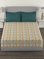 MYTRIDENT Mustard White Floral Cotton 144 TC Queen Bedsheet With 2 Pillow Covers | Grocsy