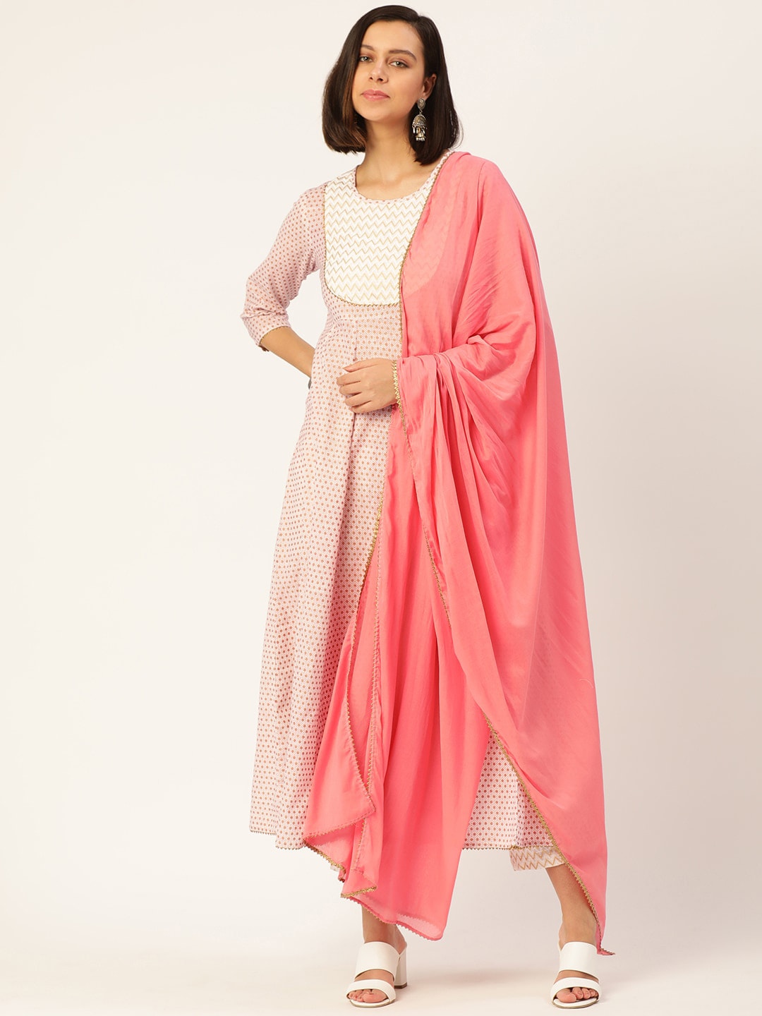 HERE&NOW Women Cream-Coloured Pleated Kurti with Trousers & With Dupatta | Grocsy