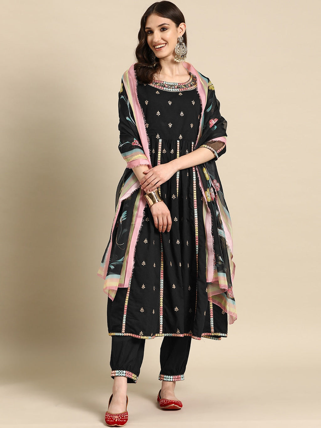Sangria Women Embroidered Mirror Work Pure Cotton Kurta with Trousers & With Dupatta | Grocsy
