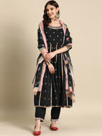 Sangria Women Embroidered Mirror Work Pure Cotton Kurta with Trousers & With Dupatta | Grocsy
