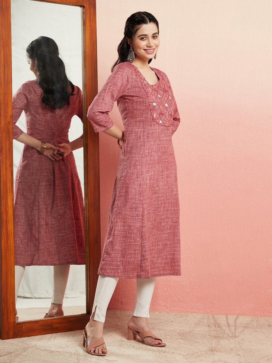 Aks Ethnic Motifs Embroidered Mirror Work Detailed Cotton Straight Kurta | Grocsy