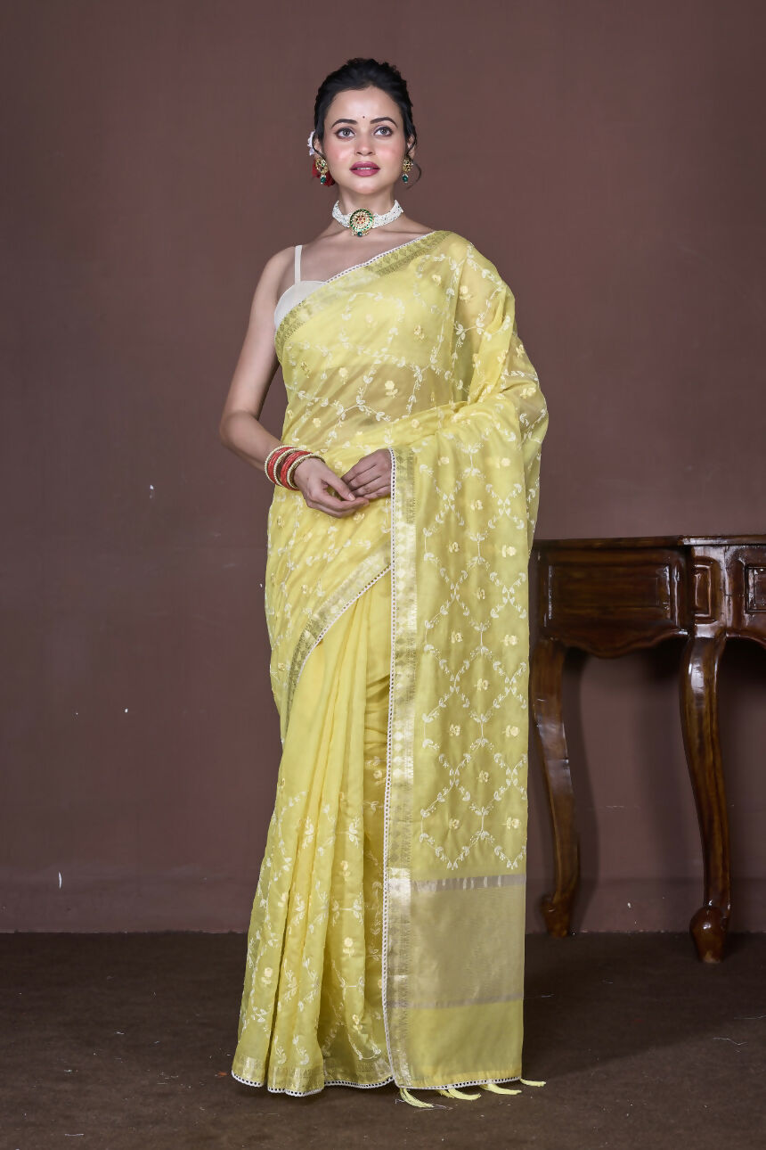 Morchari Yellow Cotton Chanderi Embroidery Saree Unstitched Blouse | Grocsy