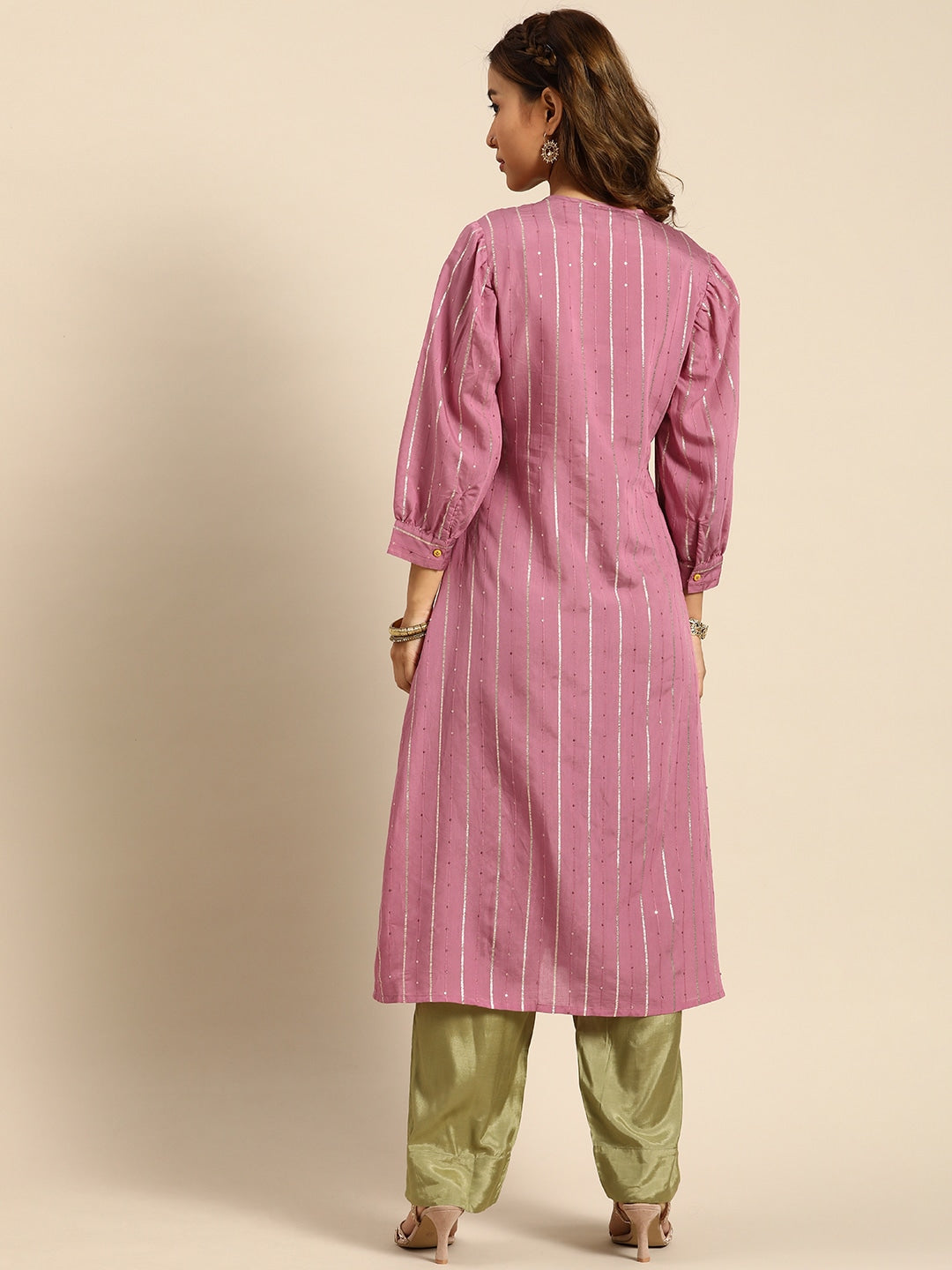 Sangria Women Tie-Up Neck Jacquard Sequinned Chanderi Silk Kurta | Grocsy