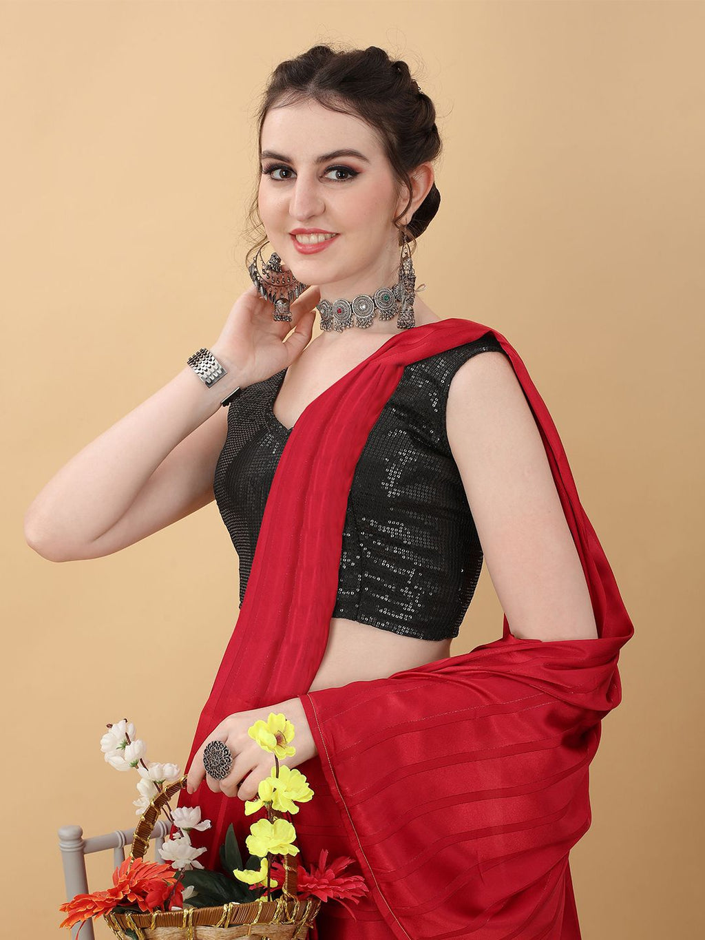 kasee Red & Black Striped Poly Georgette Saree | Grocsy